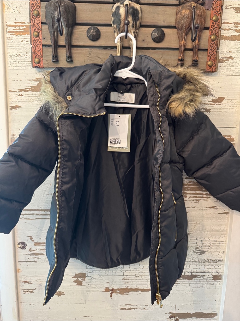 H&M Black Kids Puffer Jacket with Faux-Fur Trim